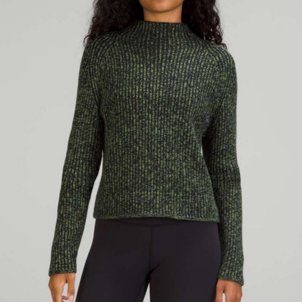 Lululemon Cotton-Cashmere Blend Mock Neck Sweater Green Foliage/Navy/Black